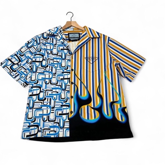 Prada Double Mesh Cotton Fire Flame Button Shirt Size XL